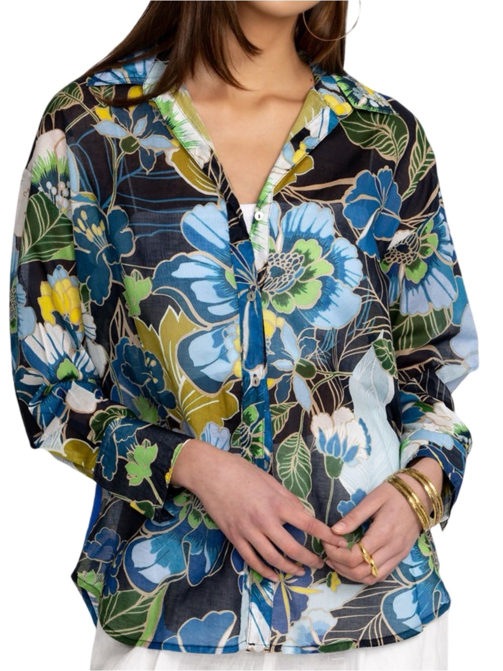 Johnny Was Women’s Sz S Blue Green Floral Jenn Curved Hem Button Down Top Shirt